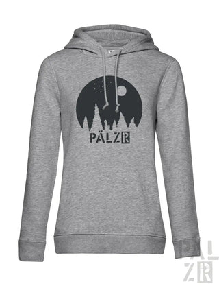 Heather grauer Hoodie mit schwarzem Baum-Silhouetten-Design und Text ’pälzr’.