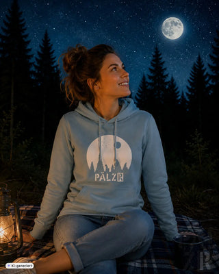 Frauen hoodie sternegugger in hellblau mit weißem rundem grafikprint baum silhouette und pälz schriftzug