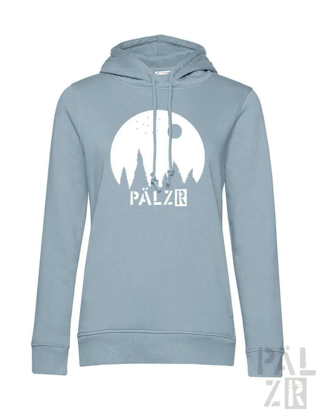 Lichtblauer frauen hoodie mit weißem kreisgrafik und silhouetten von bäumen sowie pälzr schriftzug darunter