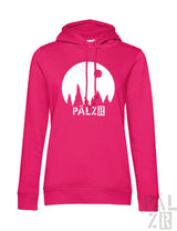 Vibranter pinker frauen hoodie sternegugger mit weißem mondstern motiv und pälzr schriftzug in verschiedenen farben