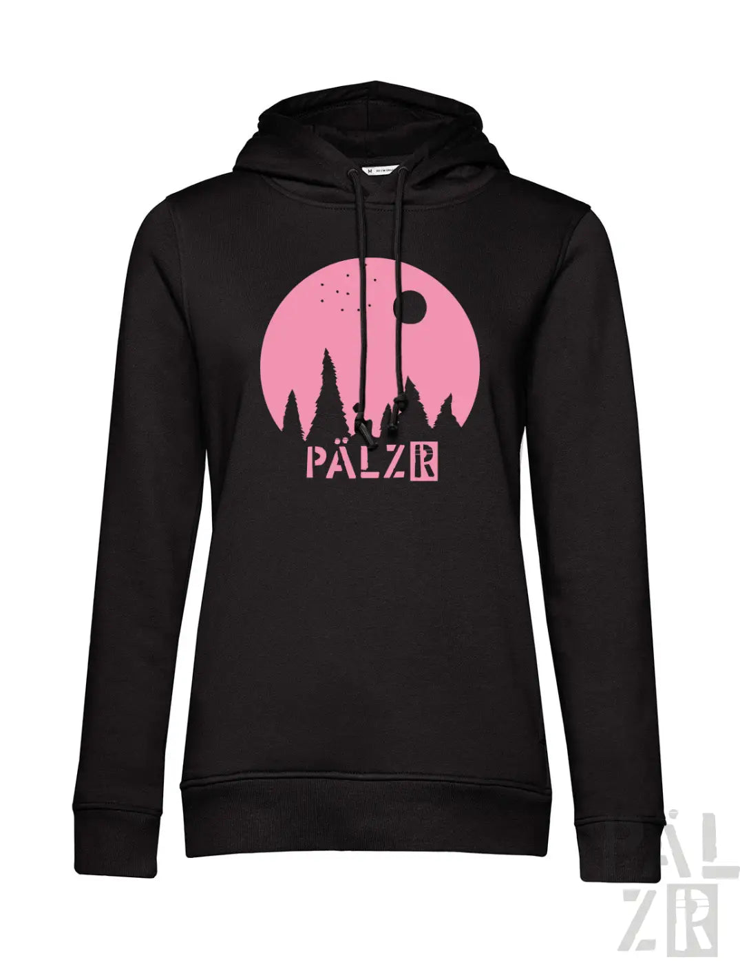 Frauen hoodie sternegugger in schwarz mit pinkem kreisgrafik und pälzr text und baumsilhouetten