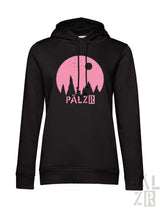Frauen hoodie sternegugger in schwarz mit pinkem kreisgrafik und pälzr text und baumsilhouetten