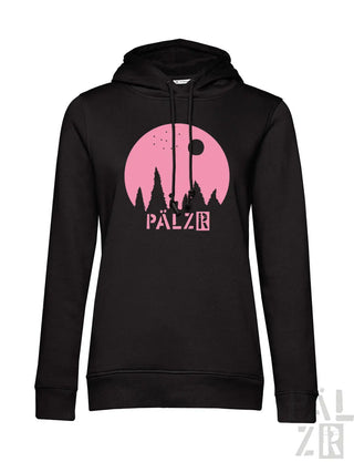 Frauen hoodie sternegugger in schwarz mit pinkem kreisgrafik und pälzr text und baumsilhouetten