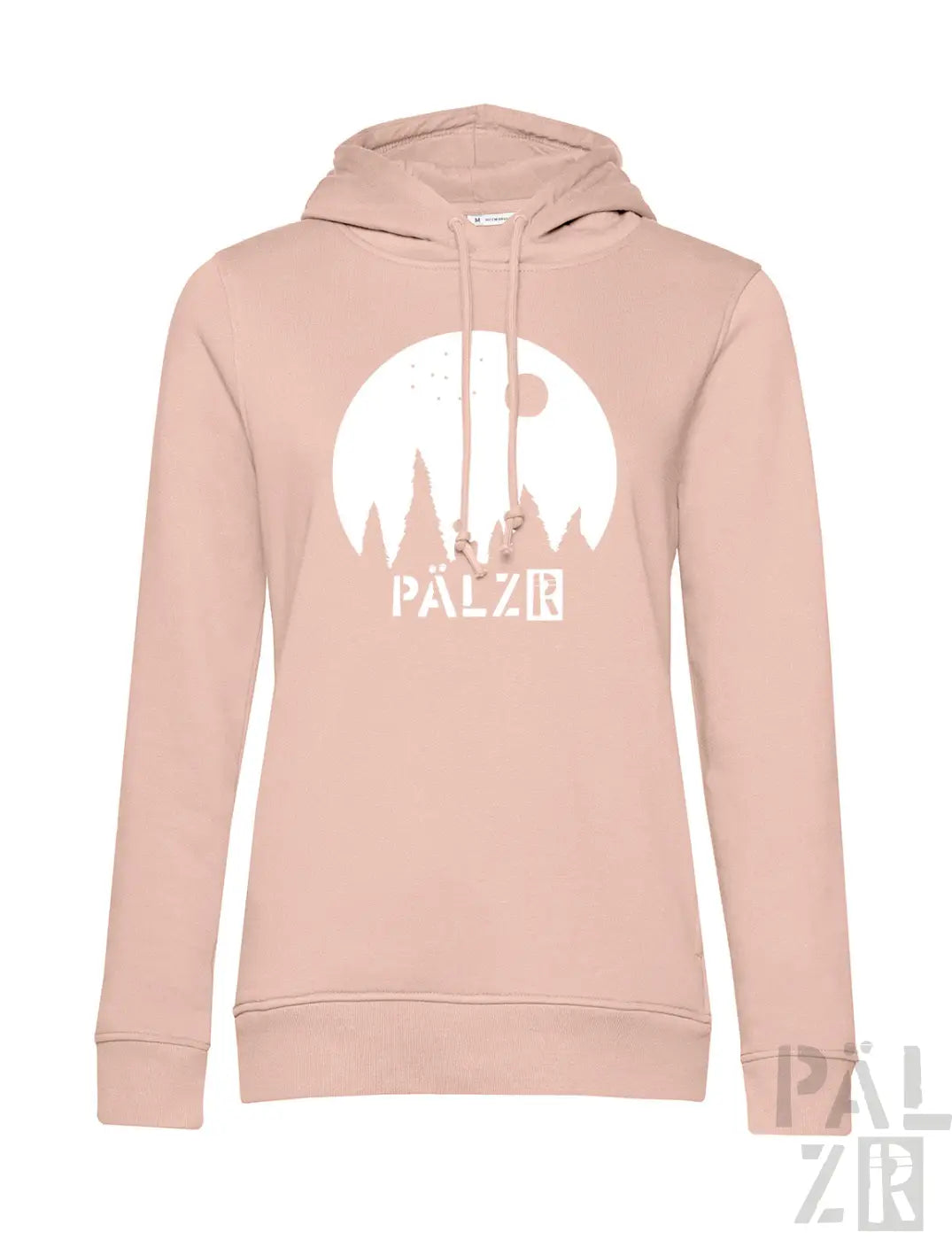 Frauen hoodie sternegugger in softem blush rosa mit weißem bergmond grafik und pälzb schriftzug