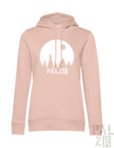 Frauen hoodie sternegugger in softem blush rosa mit weißem bergmond grafik und pälzb schriftzug