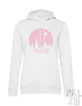 Weißes frauen hoodie sternegugger mit pinkem kreis und bergsilhouetten sowie pälzb aufdruck