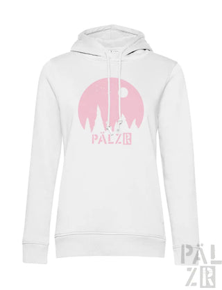 Weißes frauen hoodie sternegugger mit pinkem kreis und bergsilhouetten sowie pälzb aufdruck