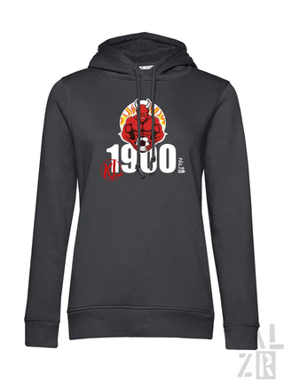 Holzgraue Kapuzenjacke mit rot-weißem Grafikdesign, das eine stilisiertes Abbild zeigt.