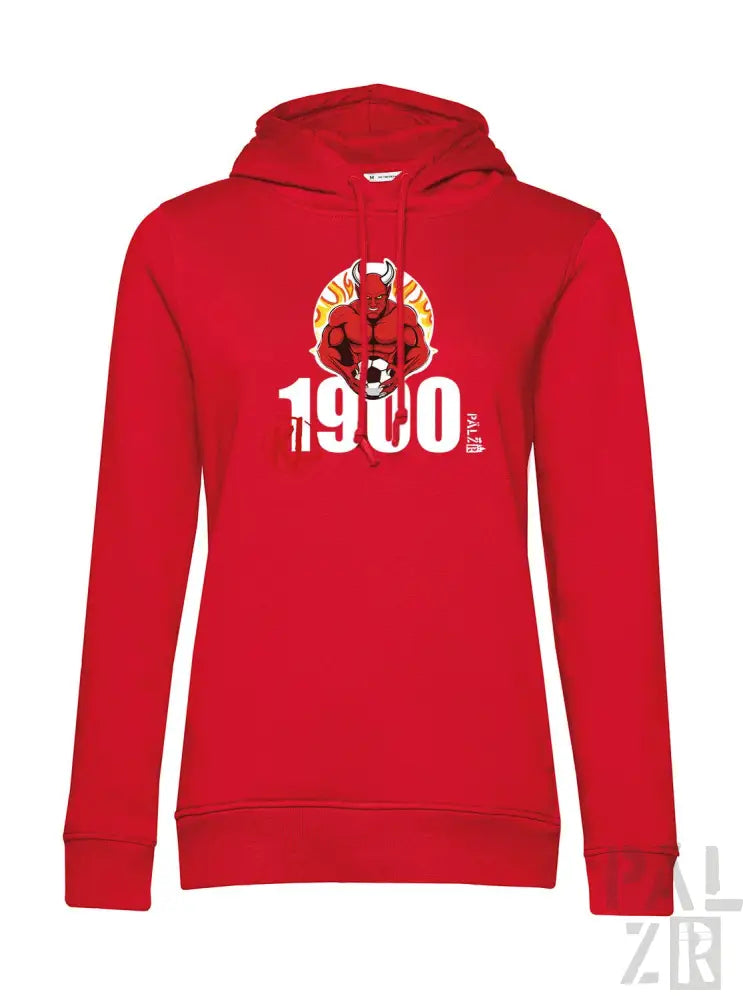 Rote Kapuzenjacke mit 1900-Logo und Fußballspieler-Design, Material aus Baumwollmischung.