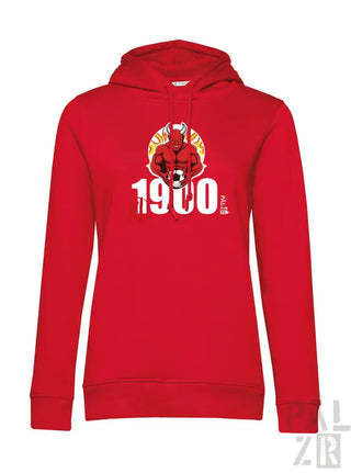 Rote Kapuzenjacke mit 1900-Logo und Fußballspieler-Design, Material aus Baumwollmischung.