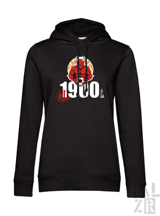 1900-Hoodie mit rot-schwarzem Design, Material aus Baumwollmischung.