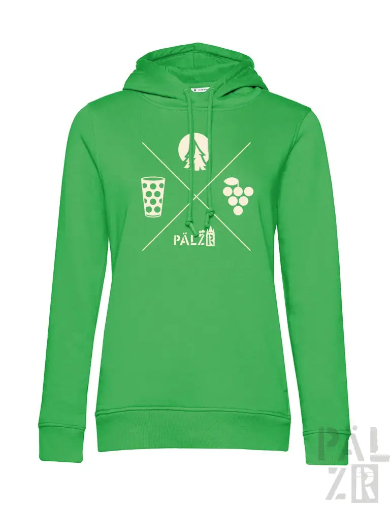 Grüner Hoodie mit weißem grafischen Design, das weinbezogene Symbole und den Text „palzi“ auf der Vorderseite zeigt.