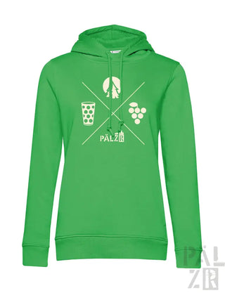 Grüner Hoodie mit weißem grafischen Design, das weinbezogene Symbole und den Text „palzi“ auf der Vorderseite zeigt.