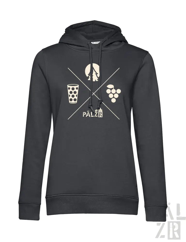 Kohle-graue Kapuzenjacke mit weinbezogenem Grafikdesign, das ein Glas Rotwein, Trauben und das Wort ’palz’ in Weiß zeigt.