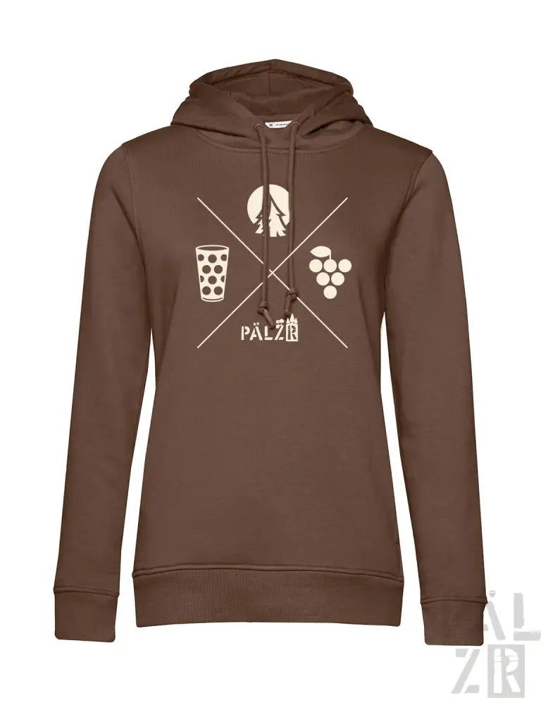 Braunes Hoodie mit weinthematischem Design mit Glas, Trauben und Text ’palz’ in Weiß.