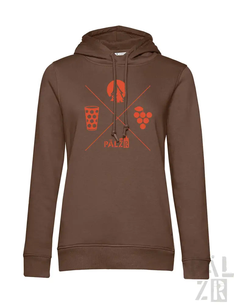 Brauner Hoodie mit orange-weißem Design, das ein Glas Wein, Trauben und das Wort „palm“ darauf zeigt.