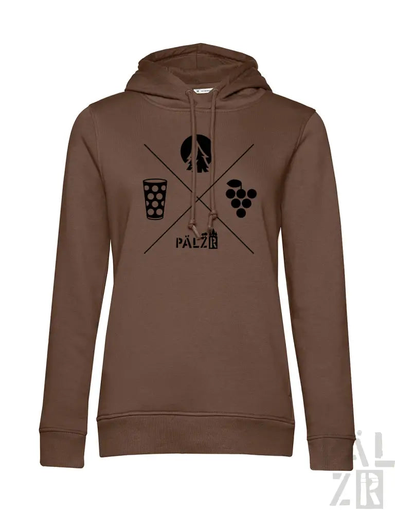 Brauner Hoodie mit Wein-Glas- und Trauben-Design, Material unbekannt, aber wahrscheinlich Baumwoll- oder Polyester-Mischung.
