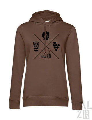 Brauner Hoodie mit Wein-Glas- und Trauben-Design, Material unbekannt, aber wahrscheinlich Baumwoll- oder Polyester-Mischung.