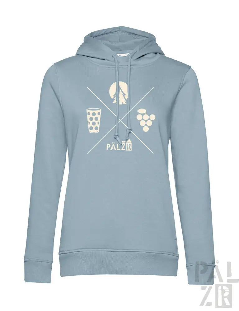 Hellblauer Hoodie mit weingestaltetem Grafikdesign, das ein Glas Rotwein, Trauben und das Wort ’palz’ in Weiß zeigt.