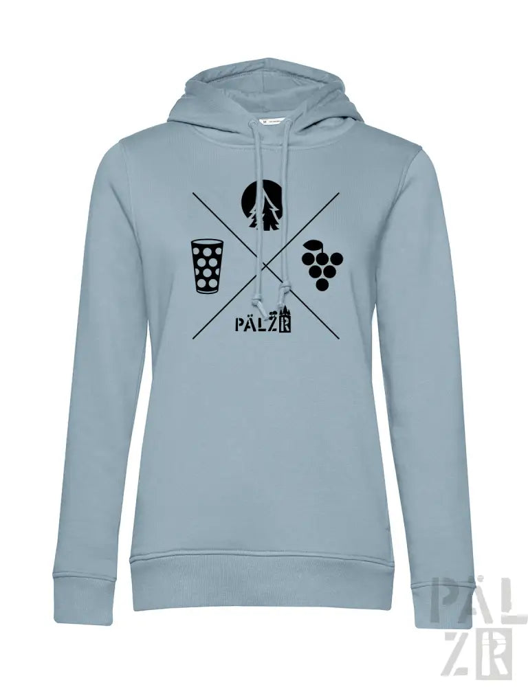 Hellblaues Hoodie mit schwarzem Grafikdesign, das weinbezogene Symbole und das Wort ’palzi’ in einer stilisierten Schrift enthält.
