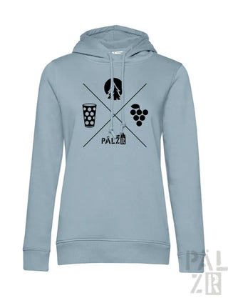 Hellblaues Hoodie mit schwarzem Grafikdesign, das weinbezogene Symbole und das Wort ’palzi’ in einer stilisierten Schrift enthält.