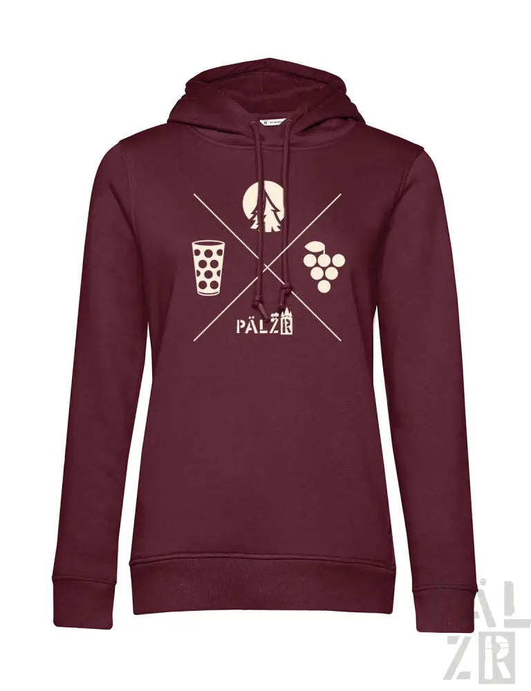 Bordeaux-Kapuzenpulli mit weißem Grafikdesign, das weinbezogene Symbole und das Wort ’palzio’ auf einem Gittermuster zeigt.