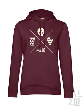 Bordeaux-Kapuzenpulli mit weißem Grafikdesign, das weinbezogene Symbole und das Wort ’palzio’ auf einem Gittermuster zeigt.