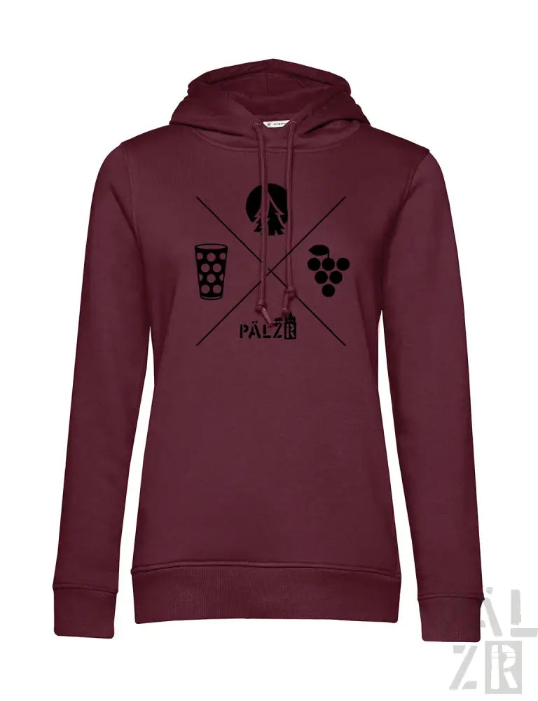 Bordeaux-Hoodie mit Grafikdesign, das die Silhouette einer Person, ein Weinglas und Trauben zeigt.