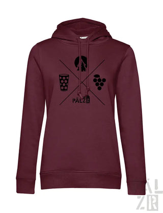 Bordeaux-Hoodie mit Grafikdesign, das die Silhouette einer Person, ein Weinglas und Trauben zeigt.
