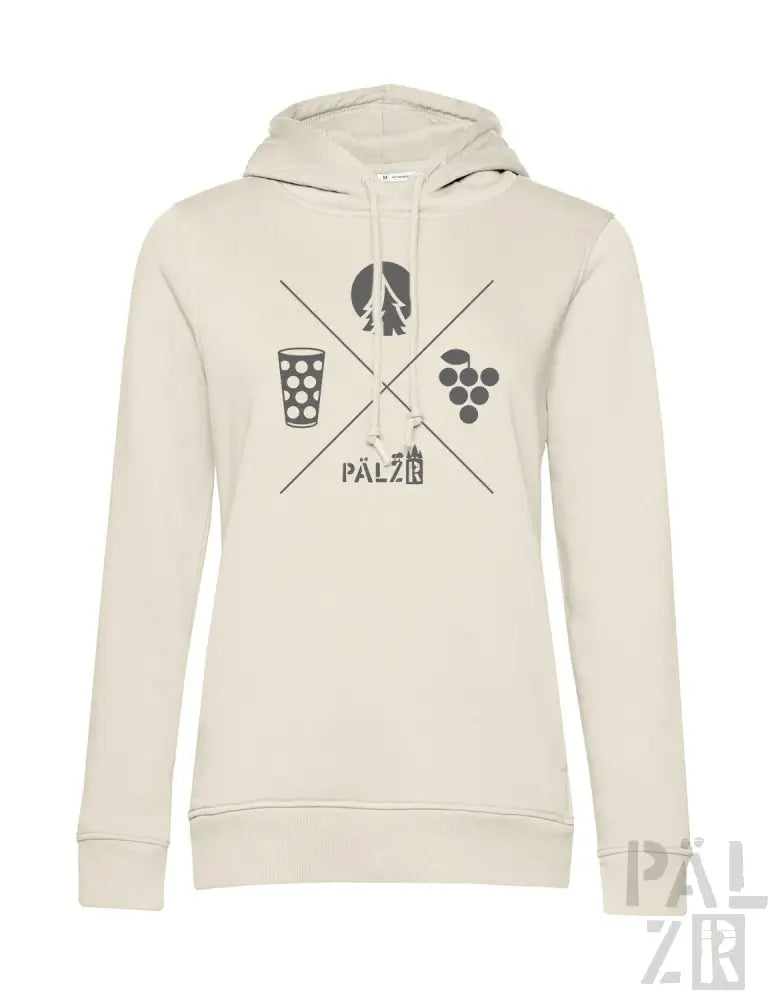 Cremeweiße Kapuzenjacke mit weinbezogenem Grafikdesign, das ein Glas Wein, Trauben und das Wort ’palz’ in Schwarz zeigt.