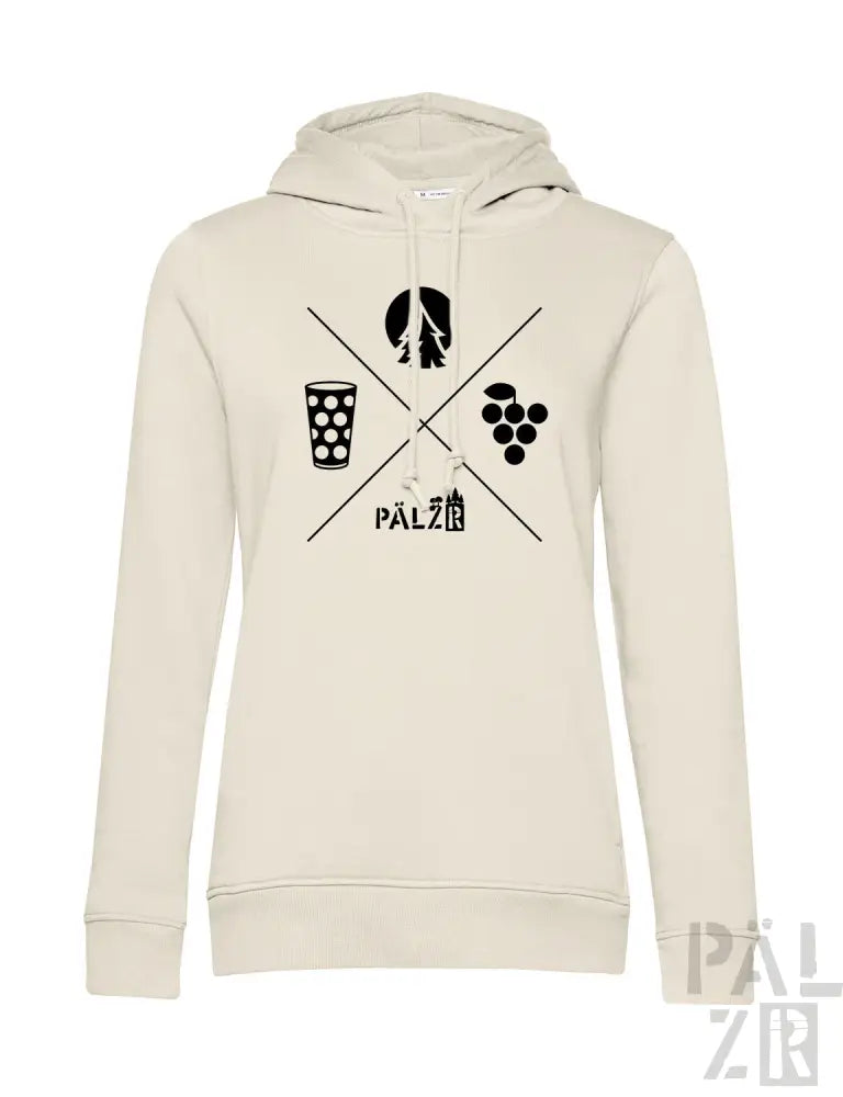 Cremeweißer Hoodie mit schwarzem Grafikdesign, das weinbezogene Symbole und das Wort ’palz’ in einer stilisierten Schriftart zeigt.