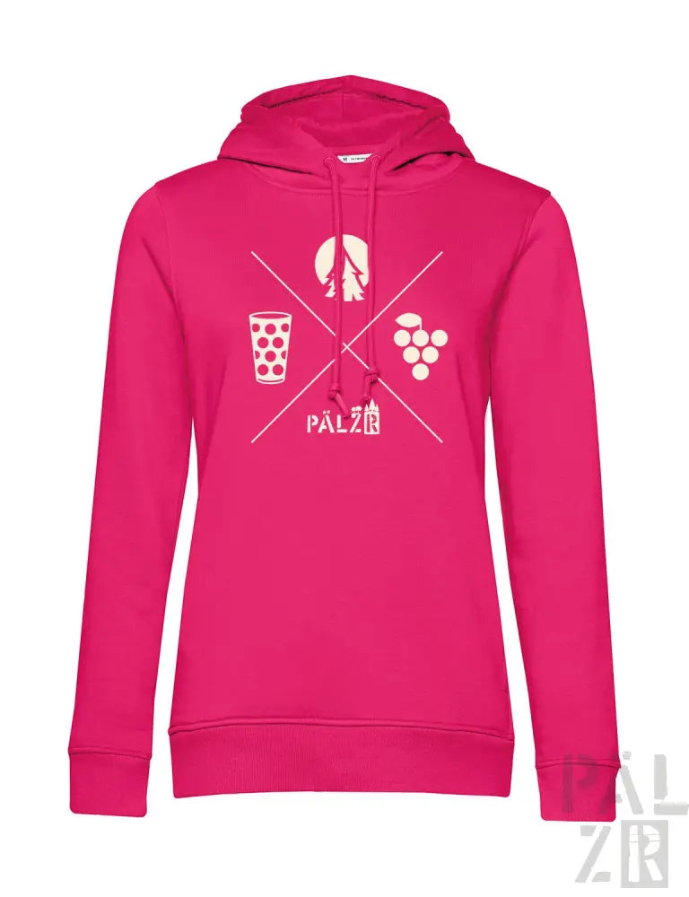 Rosa Hoodie mit weißem Grafikdesign, das weinbezogene Symbole und den Text „palzi“ auf der Vorderseite zeigt.