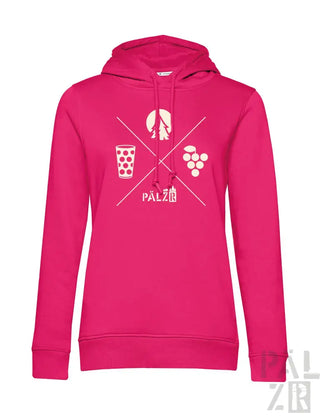 Rosa Hoodie mit weißem Grafikdesign, das weinbezogene Symbole und den Text „palzi“ auf der Vorderseite zeigt.