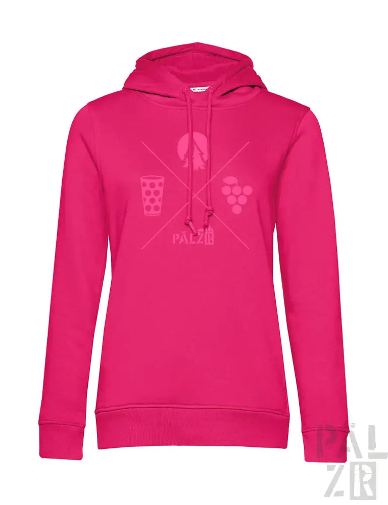 Rosa Hoodie mit Bierglas-, Angelruten- und Trauben-Design.
