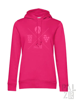 Rosa Hoodie mit Bierglas-, Angelruten- und Trauben-Design.