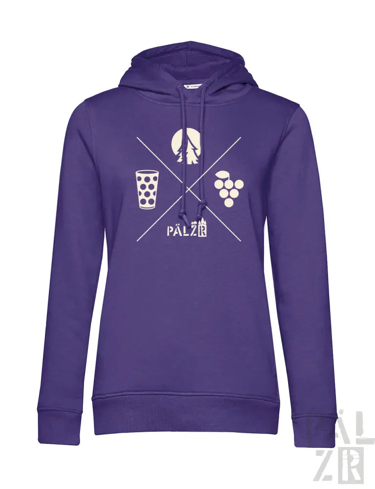 Lila Kapuzenpullover mit weißem Grafikdesign, das weinbezogene Symbole und das Wort ’palzi’ auf einem Gittermuster-Hintergrund zeigt.