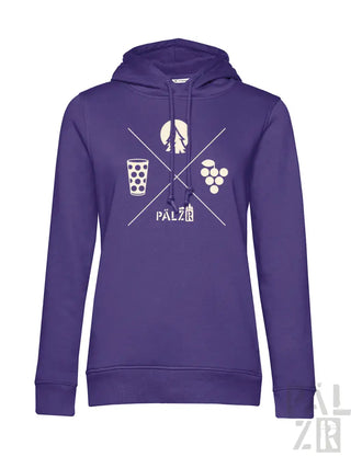 Lila Kapuzenpullover mit weißem Grafikdesign, das weinbezogene Symbole und das Wort ’palzi’ auf einem Gittermuster-Hintergrund zeigt.