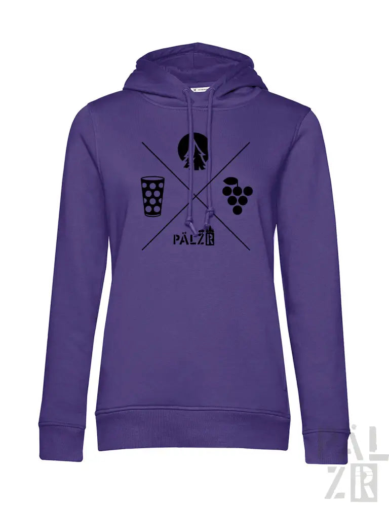 Lila Hoodie mit Grafikdesign, das ein Glas Wein, Trauben und das Wort ’palzi’ in Schwarz zeigt.