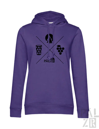 Lila Hoodie mit Grafikdesign, das ein Glas Wein, Trauben und das Wort ’palzi’ in Schwarz zeigt.