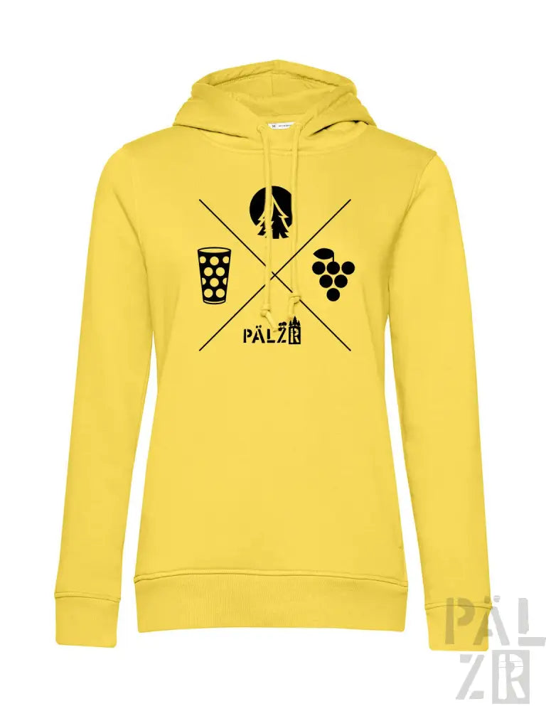Gelbes Hoodie mit schwarzem Grafikdesign mit Bier, Weinglas und Trauben.