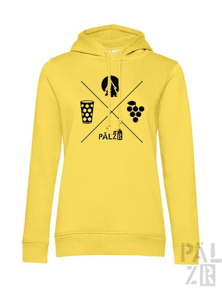 Gelbes Hoodie mit schwarzem Grafikdesign mit Bier, Weinglas und Trauben.