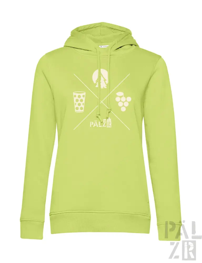 Limetgrüner Hoodie mit weißem Grafikdesign mit Bierglas, Trauben und Weinflasche.