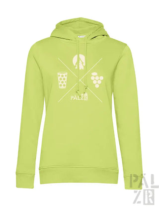 Limetgrüner Hoodie mit weißem Grafikdesign mit Bierglas, Trauben und Weinflasche.