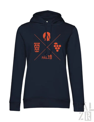 Marineblaue Kapuzenjacke mit orange- und weißem Design, das ein Glas Bier, Trauben und das Wort ’pälz’ darauf zeigt.