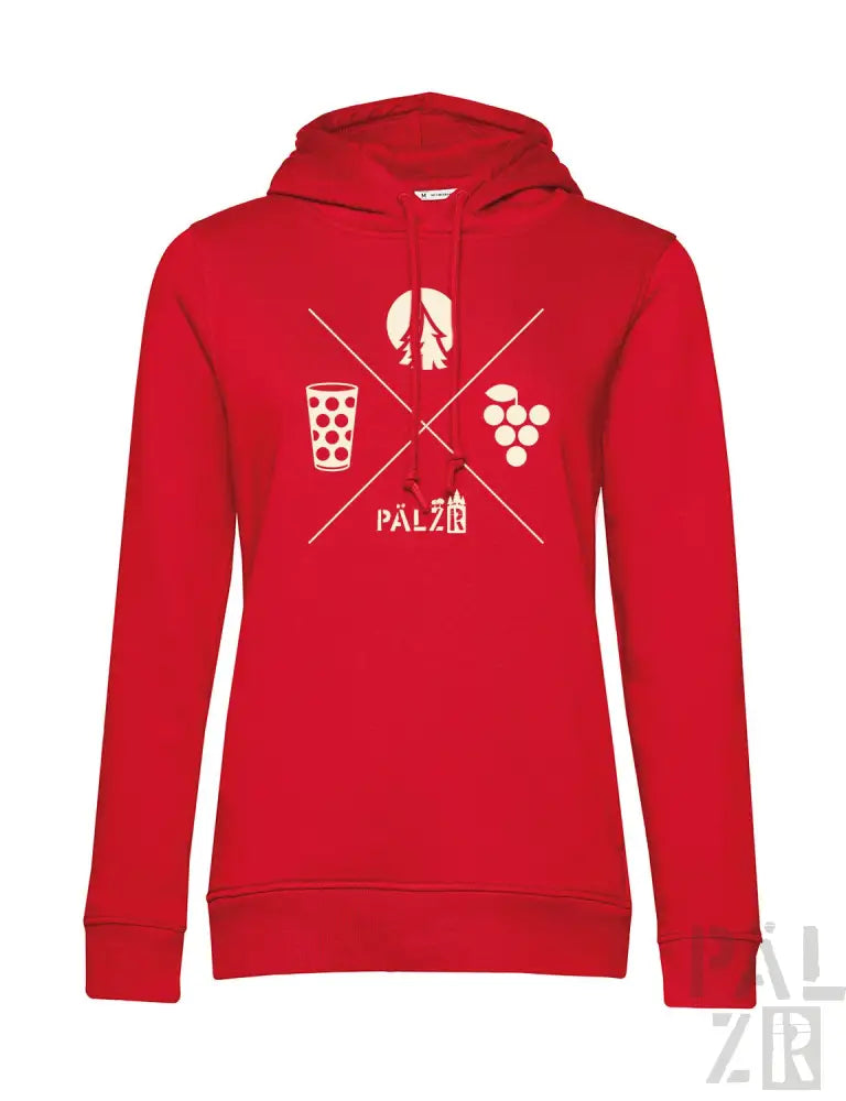 Roter Hoodie mit weinbezogenem Design, das ein Glas, Trauben und das Wort ‚palzi‘ in Weiß zeigt.