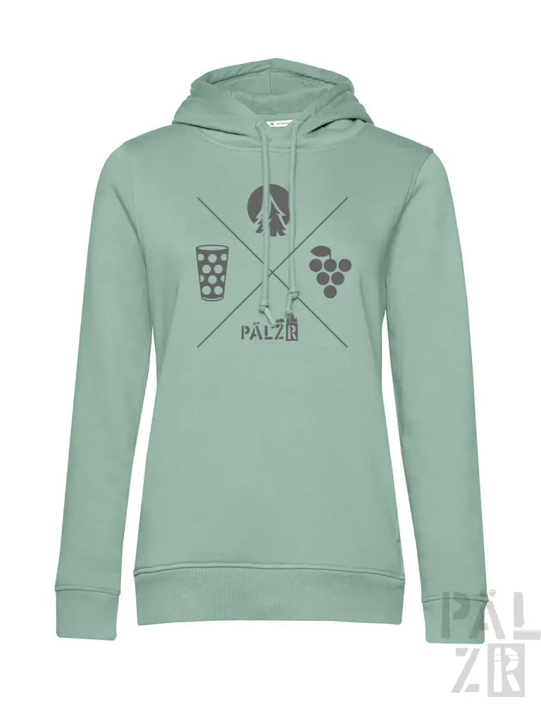 Minzgrüner Hoodie mit ’palz’-Logo und weinthematischem Grafikdesign.