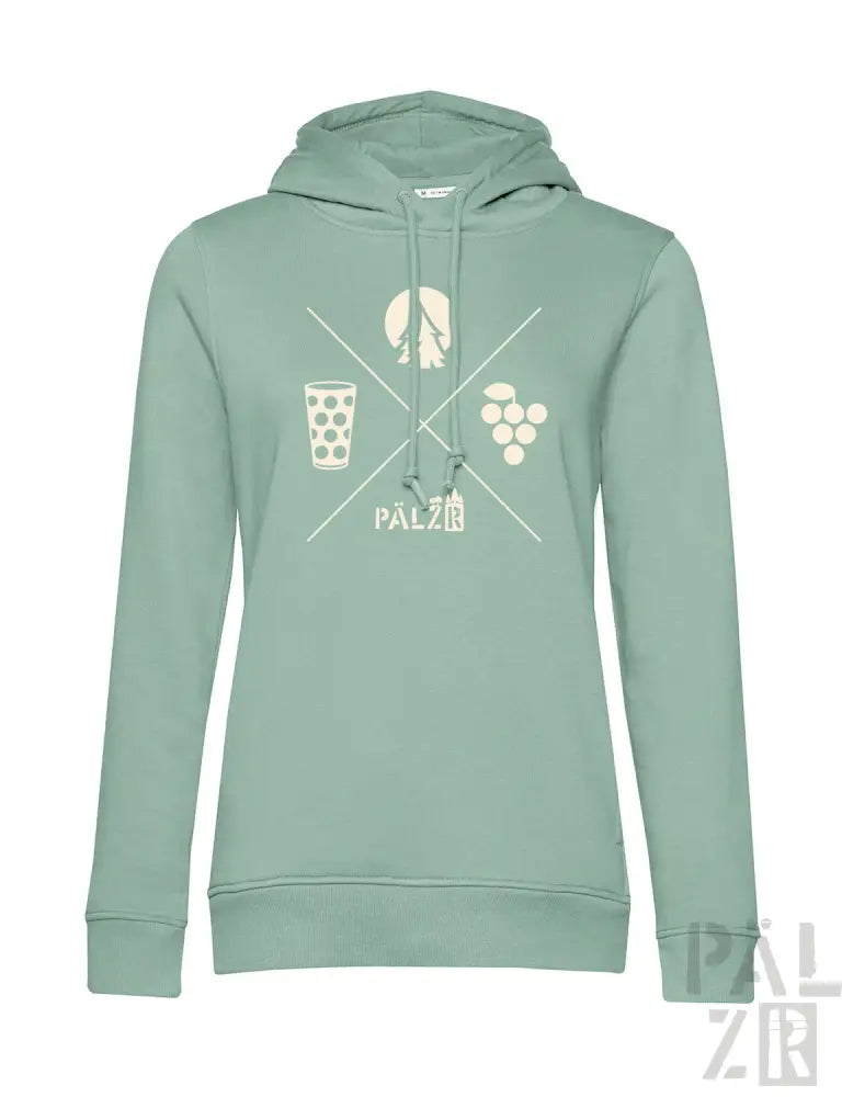 Minzgrüner Hoodie mit weißem Grafikdesign, das ein Weinglas, Trauben und Mond zeigt