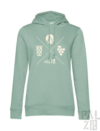 Minzgrüner Hoodie mit weißem Grafikdesign, das ein Weinglas, Trauben und Mond zeigt