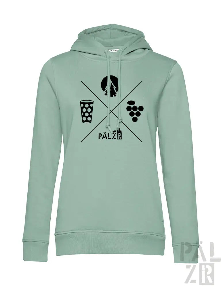 Mintgrüner Hoodie mit schwarzem Grafikdesign, das weinbezogene Symbole und das Wort ’palzi’ über einem Gittermuster zeigt.