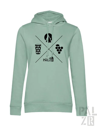 Mintgrüner Hoodie mit schwarzem Grafikdesign, das weinbezogene Symbole und das Wort ’palzi’ über einem Gittermuster zeigt.